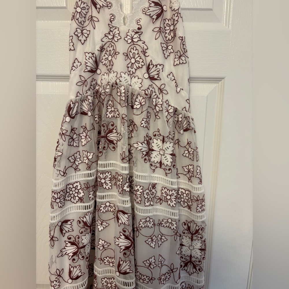 Anthropologie Embroidered Halter Midi Dress White & Burgundy Floral Size M - Picture 6 of 10